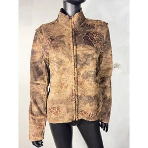 True Grit Dry Goods Floral Textured Faux Fur‎ Jacket Brown Womens L